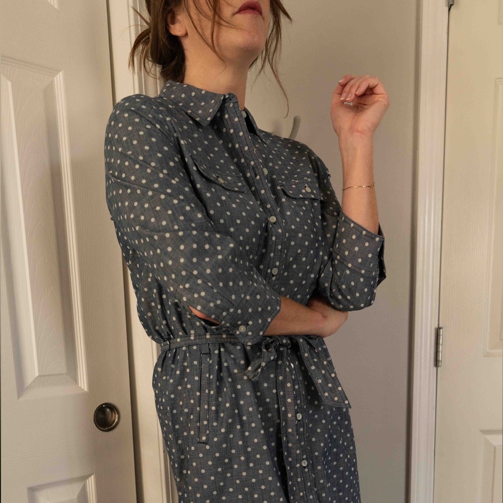 Talbots Belted Denim Polka Dot Shirt Dress Women's 10 Blue 100% Cotton Pockets